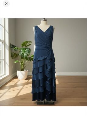 Vintage Blue Satin Tiered Maxi Dress Sz 8 Formal Evening Gown Prom Grad Y2K‎